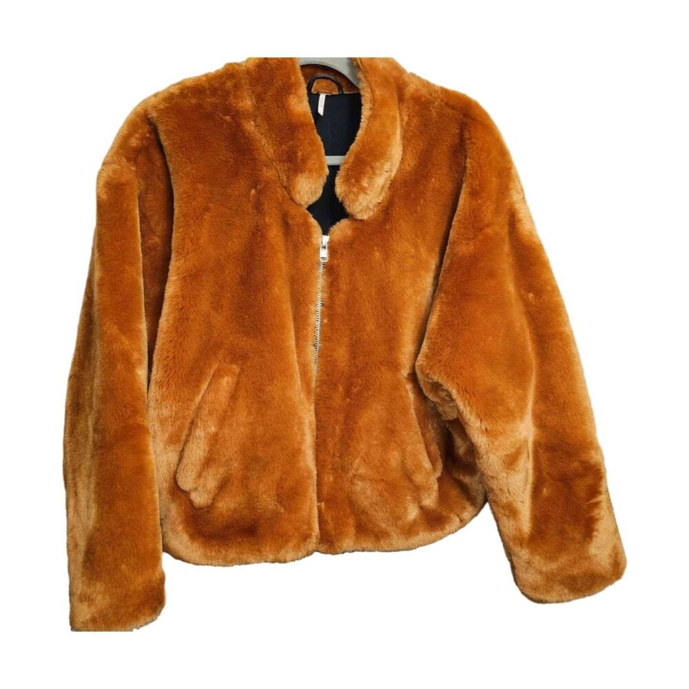 Free People Furry Bomber Jacket Brown/ Orange Zip Up Cozy XS - Picture 4 of 15